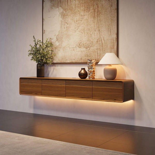 Modern Wooden Living Room Set Floating TV Stand square Coffee Table Luxury LED Lights Tv Stand and Coffee Table Set