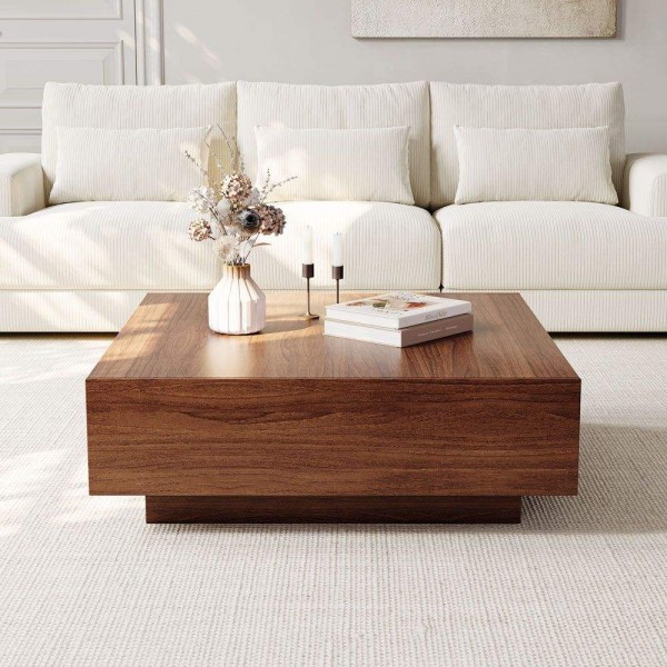 Modern Wooden Living Room Set Floating TV Stand square Coffee Table Luxury LED Lights Tv Stand and Coffee Table Set