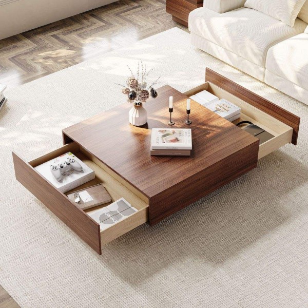 Modern Wooden Living Room Set Floating TV Stand square Coffee Table Luxury LED Lights Tv Stand and Coffee Table Set