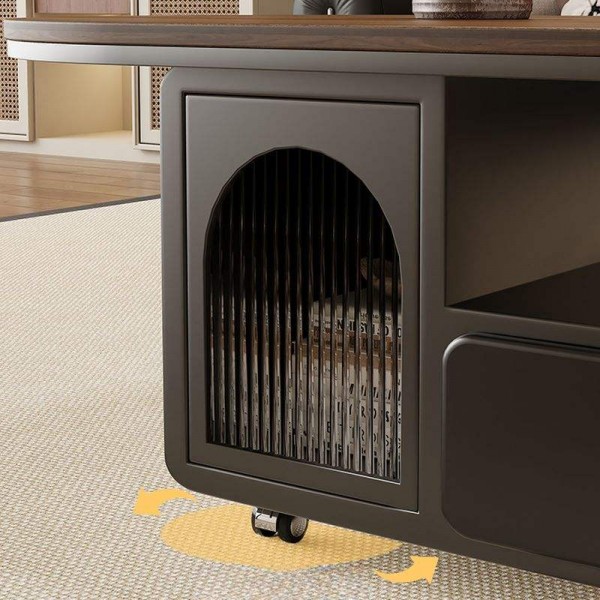 Elliptical Cart Coffee Table Aesthetic Design Living Room Center Table Wooden Coffee Table with Wheel Base Roller