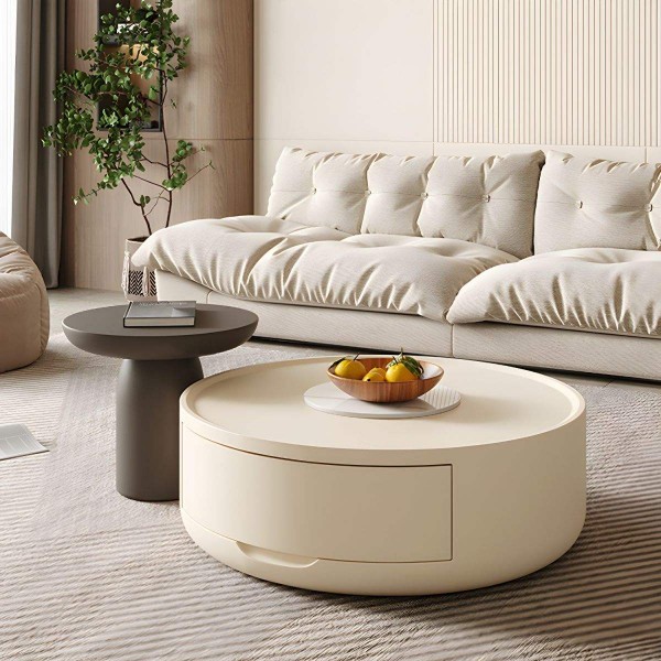 Light Luxury Coffee Table Italian Living Room Center Table Round Coffee Table with White Wood Base Drawers Storage