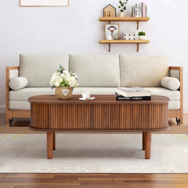 Modern Oval Lift Tabletop Coffee Table Center Wood Living Room Coffee Table Base Table with 3 Compartments Storage