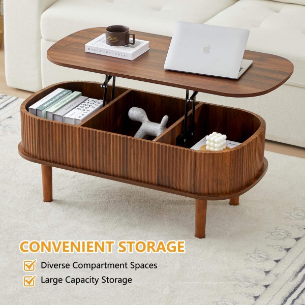 Modern Oval Lift Tabletop Coffee Table Center Wood Living Room Coffee Table Base Table with 3 Compartments Storage