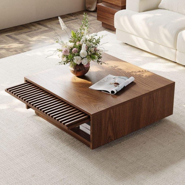 Modern Slatted Wood Living Room Set Tv Stand and Coffee Table Media Console TV Cabinet Center Table for Living Room