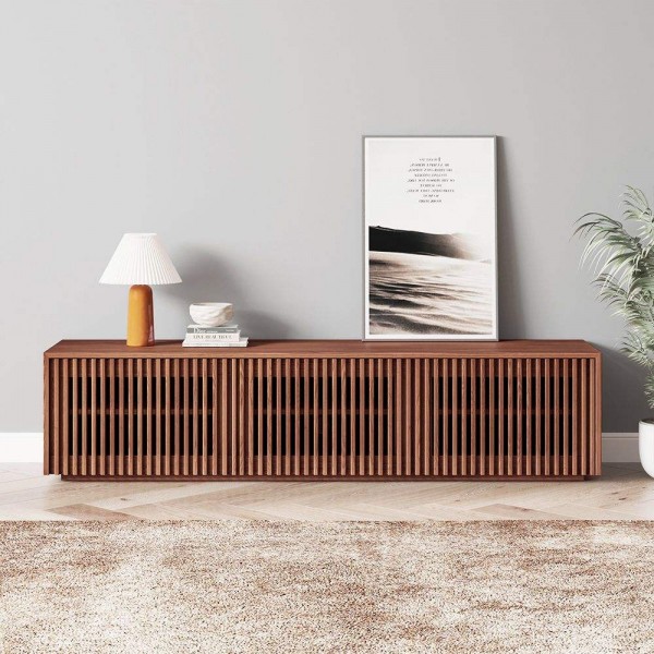 Modern Slatted Wood Living Room Set Tv Stand and Coffee Table Media Console TV Cabinet Center Table for Living Room