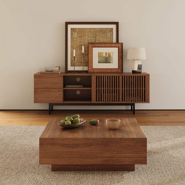 Modern Living Room Furniture Entertainment Center TV Table Slatted Wood TV Cabinet Walnut Tv Stand and Coffee Table Set