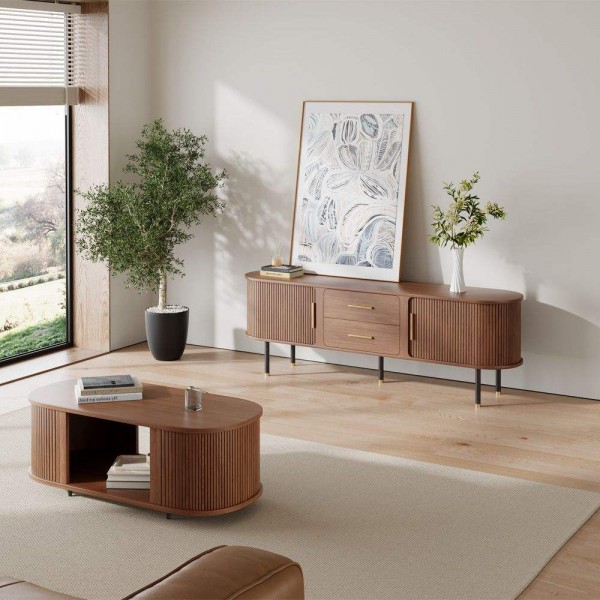 Walnut Color Living Room Sets Fluted Wood TV Stand and Coffee Table Set Storage Tv Cabinet Set with Coffee Table