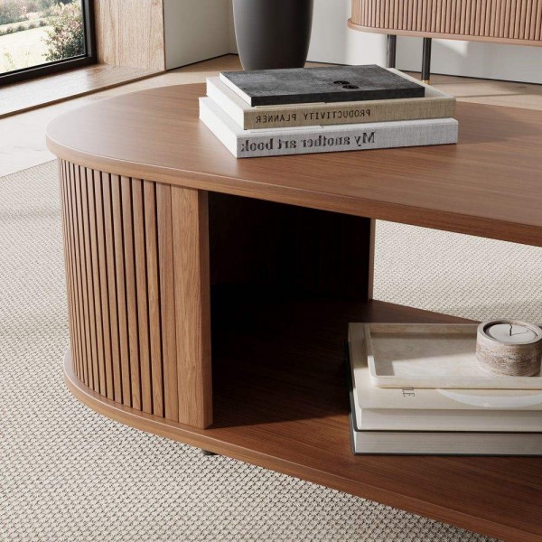 Walnut Color Living Room Sets Fluted Wood TV Stand and Coffee Table Set Storage Tv Cabinet Set with Coffee Table