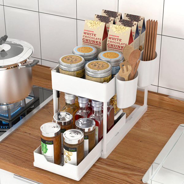 NFS Home Storage Organization Pull-Out Organizer Rack Kitchen Sink and Bathroom Countertop Layered Shelf for Home Use
