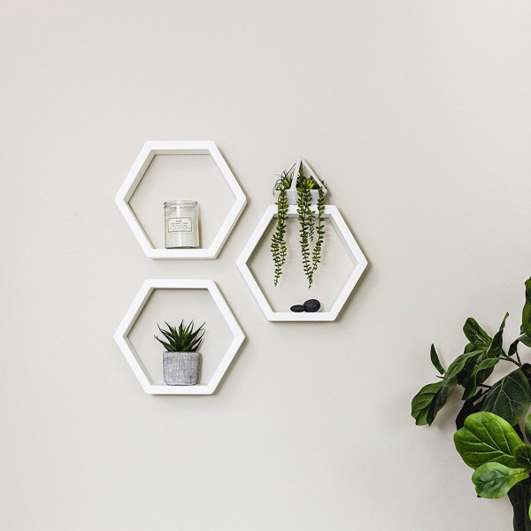 Set of 6 White Honeycomb Shelves Wood Storage Shelf Display Geometric Wooden Floating Hexagon Wall Shelf Kitchen Furniture