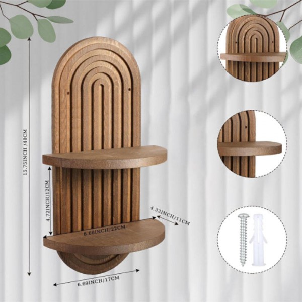 Brown Bohemian style wooden floating wall frame arched double-layer retro wall decoration
