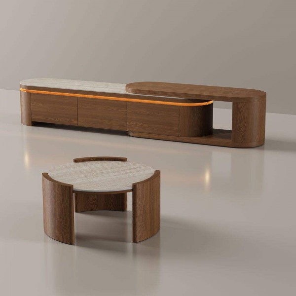 Modern Luxury TV Stand and Coffee Table Set Extendable TV Stand Wooden Living Room Set Round Coffee Table Tv Stand Set