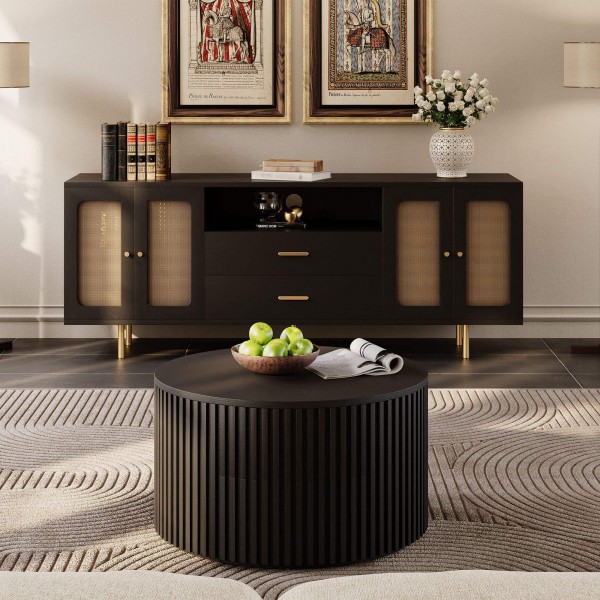 Modern Simple Living Room Set Wood Rattan Doors Tv Cabinet Lift Top Round Coffee Table Tv Stand and Coffee Table Set
