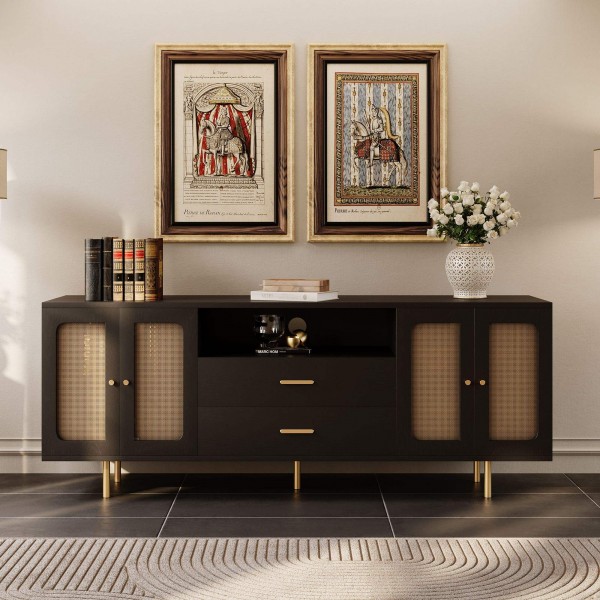 Modern Simple Living Room Set Wood Rattan Doors Tv Cabinet Lift Top Round Coffee Table Tv Stand and Coffee Table Set