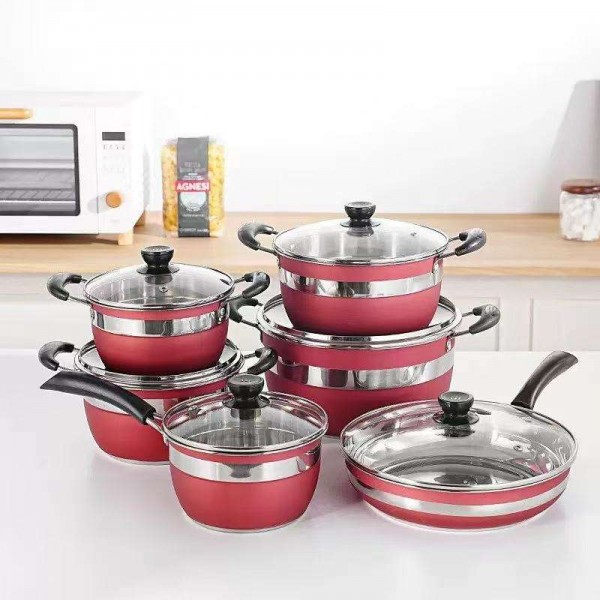 High Quality Stainless Steel Sleeve Pot 12PCS Thickened Bottom Kitchen Frying Pan Soup Pot Milk Pot Combo Set