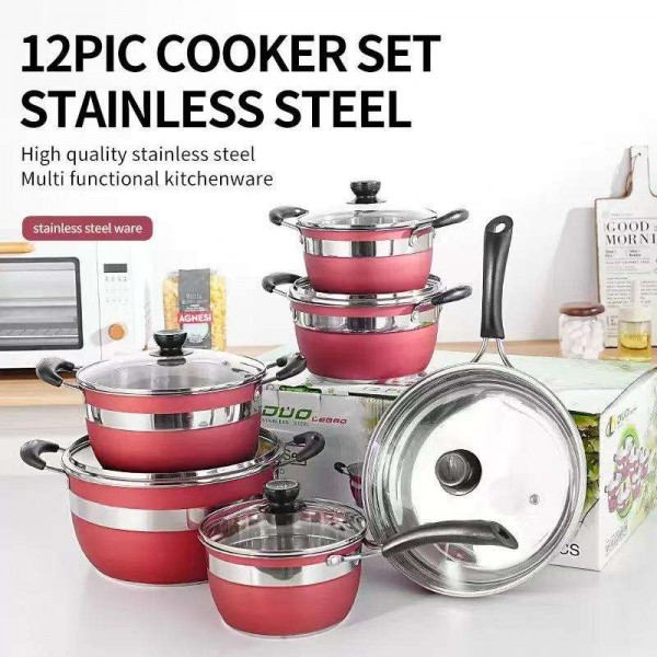 High Quality Stainless Steel Sleeve Pot 12PCS Thickened Bottom Kitchen Frying Pan Soup Pot Milk Pot Combo Set