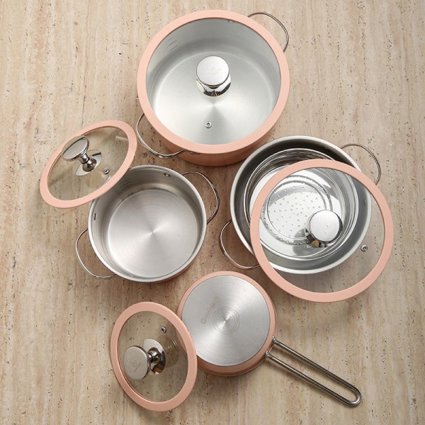 Household No Coating 304 Stainless Steel Non-stick Cookware Set 9 Pcs Double Ears Soup Pot Steamer Milk Pot Set with Glass Lid