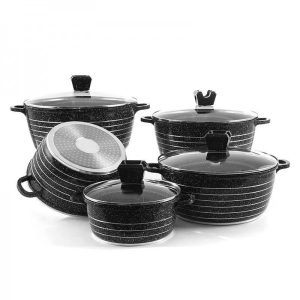 Maifanshi Non Stick Household Linear Marble 10-Piece Die-Cast Aluminum Cookware Set Soup Pot Shallow Soup Pot