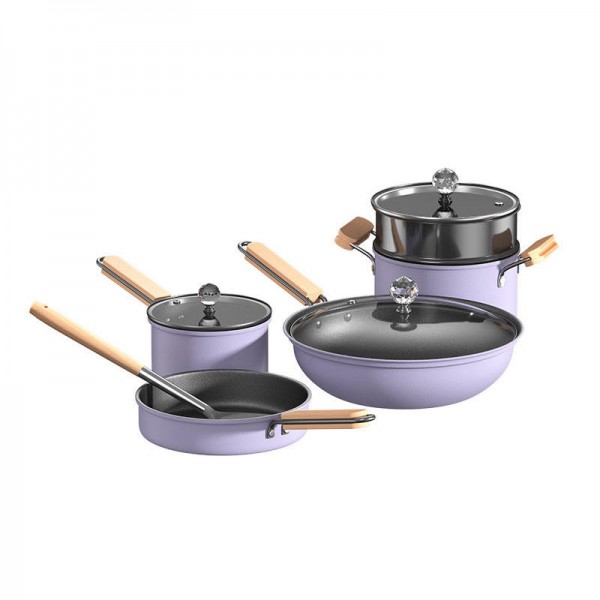 Refined Iron Cookware Set Household Non-stick Gas Induction Cooker Universal Frying Pan Soup Pot Wok Milk Pot Set with Glass Lid