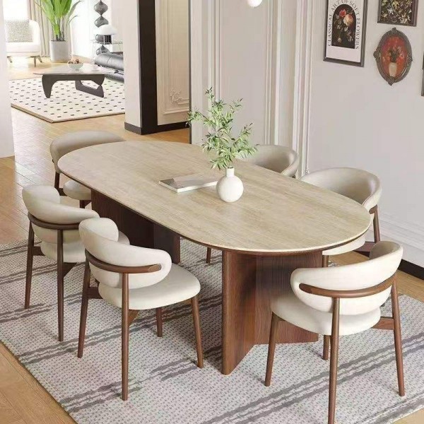 Modern Retro 6-Seater Walnut Kitchen Table Oval Solid Wood Solid Wood Dining Table Set 8 Chairs for Restaurant Home Dinner