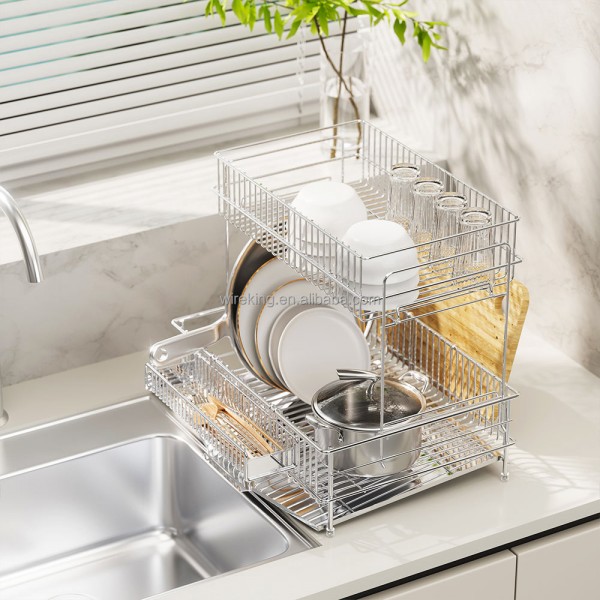 WIREKING 2 Tier Stainless Steel Plate Rack Kitchen Storage Organizer Cutting Board Holder Over the Sink Dish Drying Drainer Rack