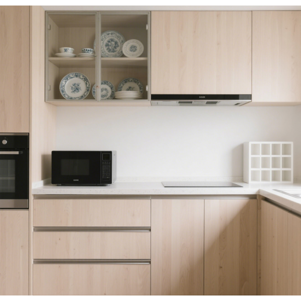 Minimalist Style Scandinavian Light Wood Kitchen Set with Glass-Front Wall Cabinets and Black Built-in Sink