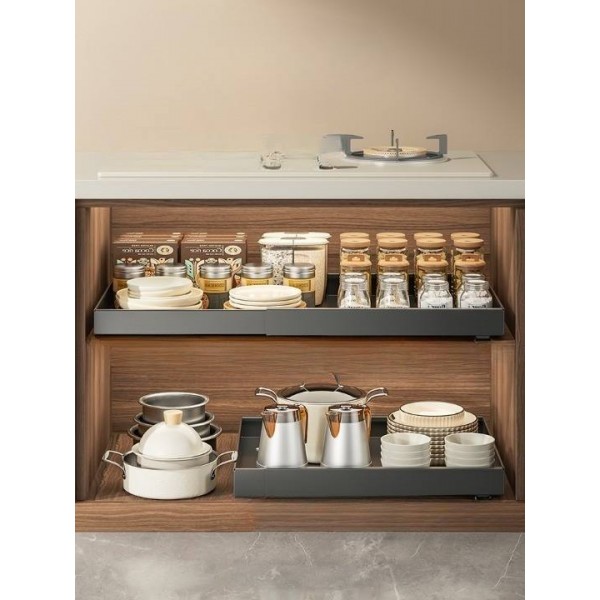 Retractable Pull-Out Basket for Kitchen Cabinets Built-In Storage Rack for Bottle and Storage Box Organizer Accessory