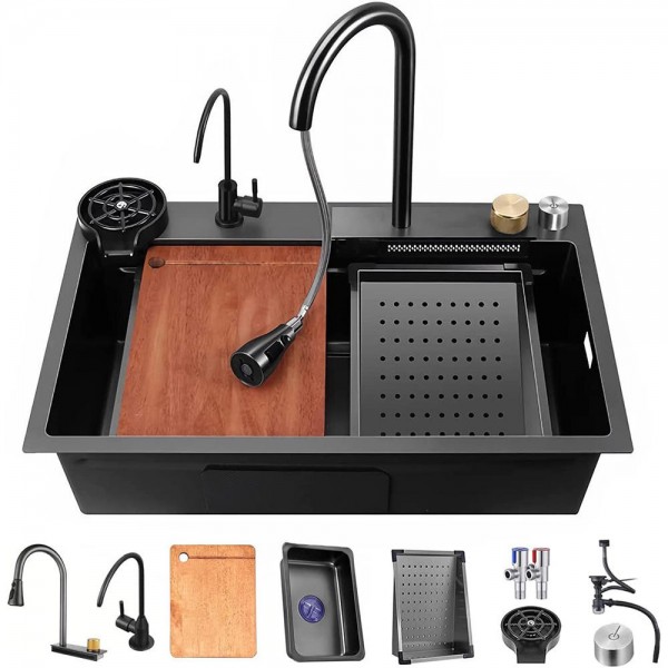 Luxury Undermount Hidden Black Dishwasher Multifunction Stainless Steel Modern Waterfall Smart Kitchen Sinks Waterfall