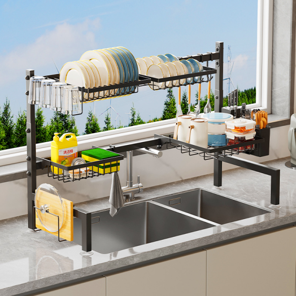 Adjustable 2 Tier Large Kitchen Sink Shelf Over the Counter Dish Drying Rack Over the Sink Drain Rack Organizer