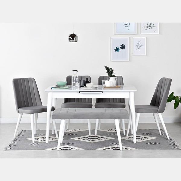 Complete Set of Dining Table and 6 Chair with Leather Fabric 100% Solid Wood Furniture Restaurant Hotel Kitchen Cafe Garden