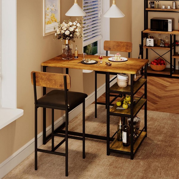 Kitchen Table Set Wood Dining Table and 2 Upholstered Chairs with Storage Shelf for Dining Room