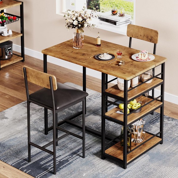 Kitchen Table Set Wood Dining Table and 2 Upholstered Chairs with Storage Shelf for Dining Room