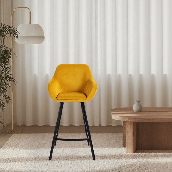 Modern Yellow Velvet Bar Stool with Black Metal Legs for Kitchen and Bars Dining Chair Living Room Leisure Chair