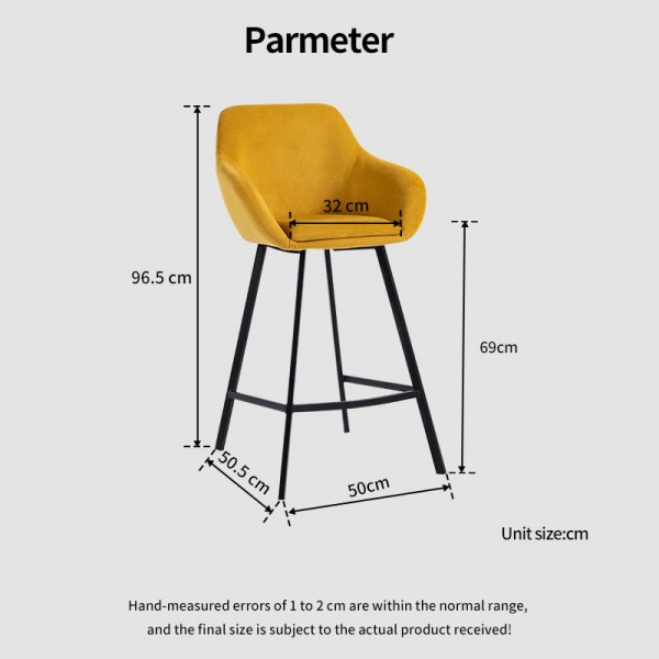 Modern Yellow Velvet Bar Stool with Black Metal Legs for Kitchen and Bars Dining Chair Living Room Leisure Chair