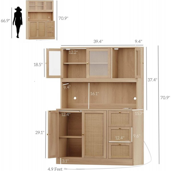 Wooden Storage Cabinet with Microwave Oven Stand Charging Station Countertop Bar Cabinet Drawers with Glass Door