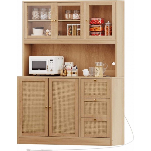 Wooden Storage Cabinet with Microwave Oven Stand Charging Station Countertop Bar Cabinet Drawers with Glass Door