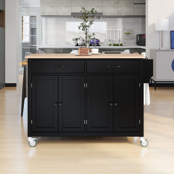 Rolling Mobile Kitchen Island with Storage and Towel Rack, Portable Island Table for Dining with 2 Drawers and 2 Cabinets