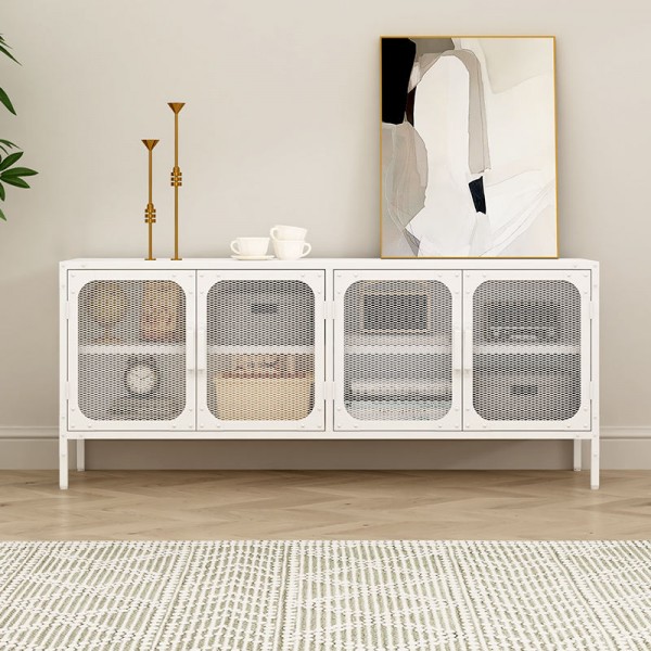 Elegant White 4-Door Mesh Metal Storage Cabinet Home Office and Living Room Organization Furniture for Dining and Home Bar Use