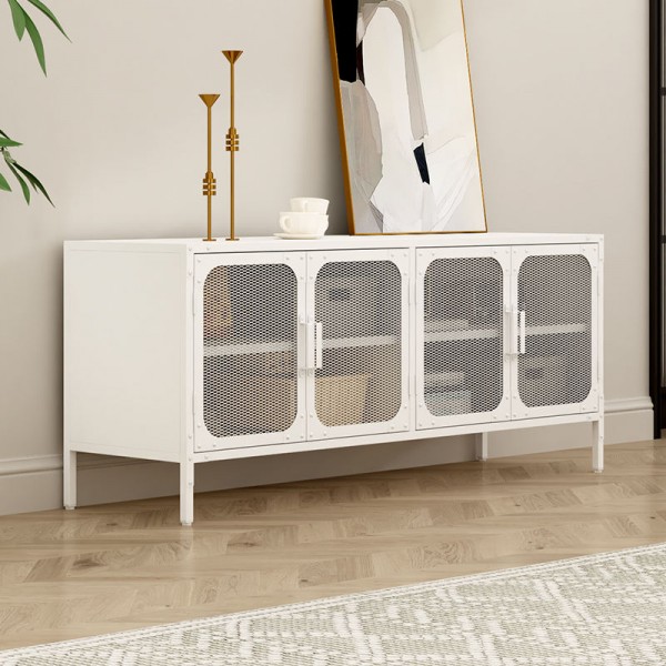 Elegant White 4-Door Mesh Metal Storage Cabinet Home Office and Living Room Organization Furniture for Dining and Home Bar Use