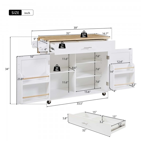 Kitchen Island with Drop Leaf, Rolling Kitchen Island Cart with Internal Storage Racks, Wood Kitchen Island on Wheels