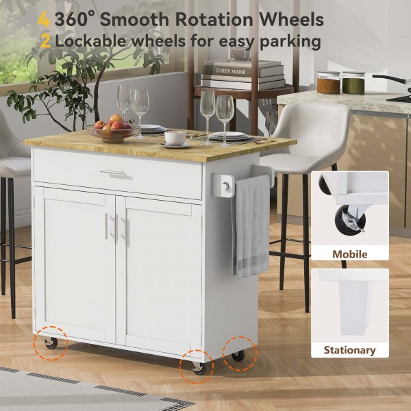Kitchen Island with Drop Leaf, Rolling Kitchen Island Cart with Internal Storage Racks, Wood Kitchen Island on Wheels
