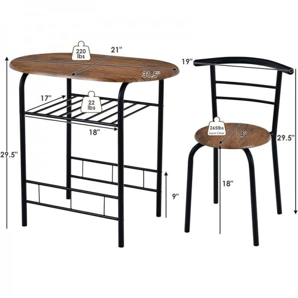 BREAKFAST TABLE SET METAL FRAME and STORAGE SHELF 3 PIECES DINING SET for KITCHEN DINING ROOM