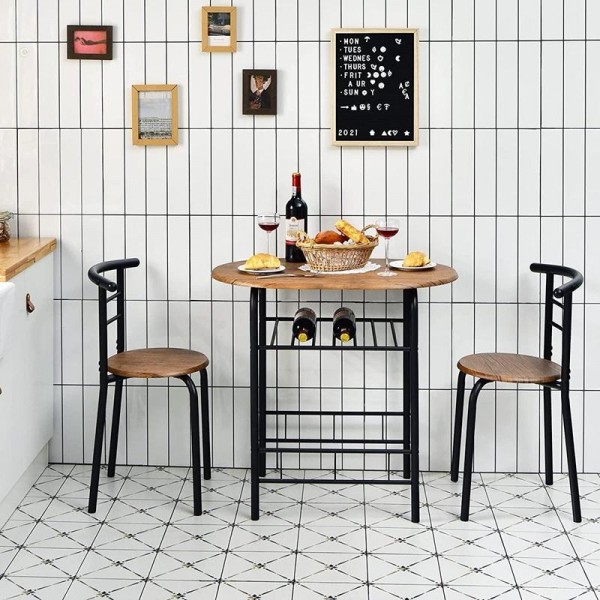 BREAKFAST TABLE SET METAL FRAME and STORAGE SHELF 3 PIECES DINING SET for KITCHEN DINING ROOM