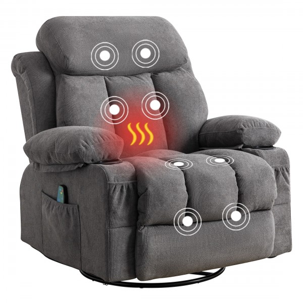 Gray Color Fabric Rocking Rotating Recliner Chair With Massage and Heated
