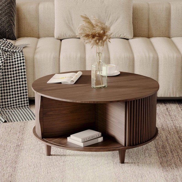 Walnut Wood Round Coffee Table with Storage,Fluted Center Table with Sliding Cabinet Door for Livingroom,Home Small Space