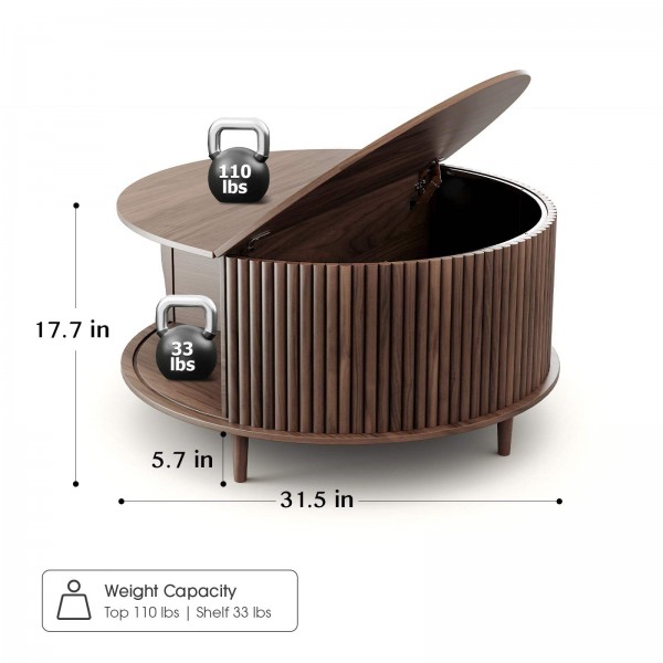 Walnut Wood Round Coffee Table with Storage,Fluted Center Table with Sliding Cabinet Door for Livingroom,Home Small Space