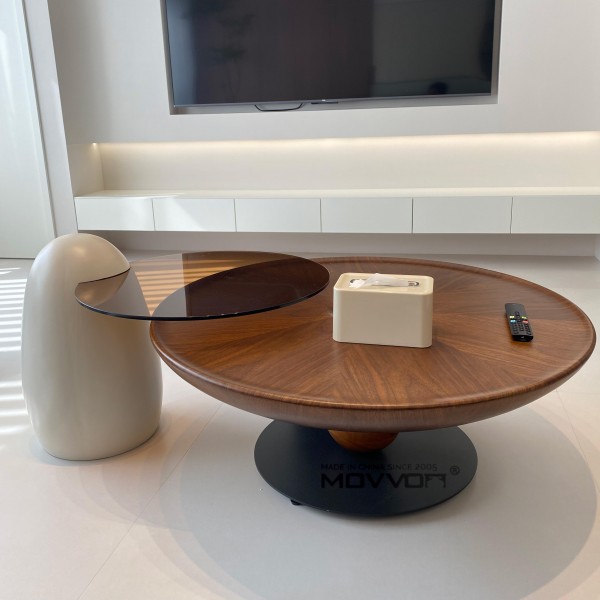 Nordic Style New Luxury Round Coffee Table Set Living Room Furniture with Wooden Base and Glass Top