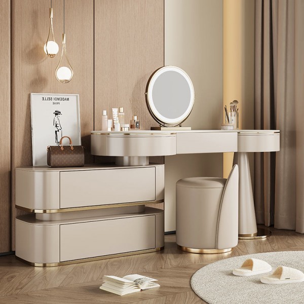 Modern Bedroom Furniture Set Lighted Makeup Vanity Table with Mirror and Drawers Wood for Apartment Use