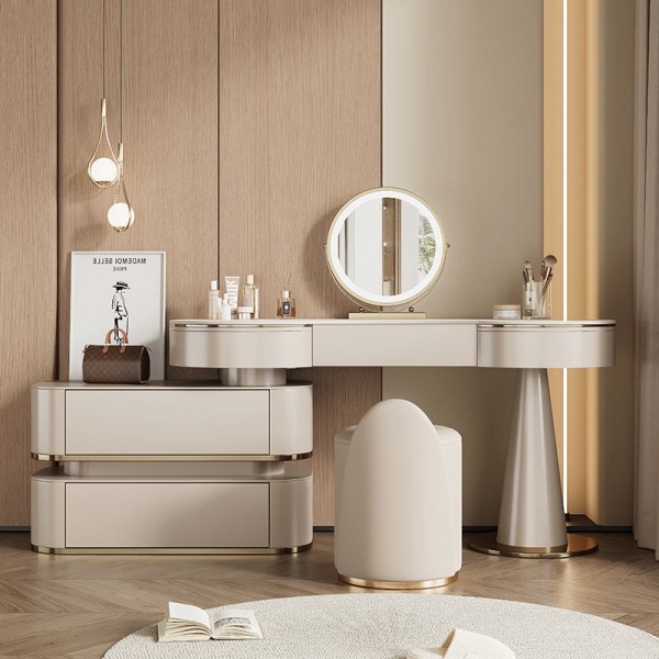 Modern Bedroom Furniture Set Lighted Makeup Vanity Table with Mirror and Drawers Wood for Apartment Use