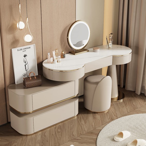 Modern Bedroom Furniture Set Lighted Makeup Vanity Table with Mirror and Drawers Wood for Apartment Use
